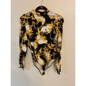 Iris Women Baroque Print Mock Neck Bodysuit Black Gold Filigree Long Sleeve 2X